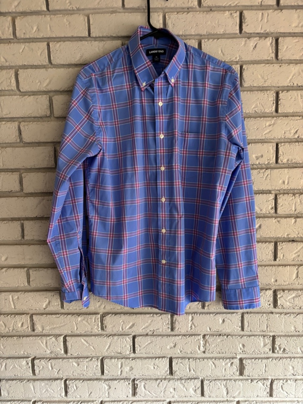 Lands' End Mens Plaid Blue Pink Long Sleeve Button Front Shirt M